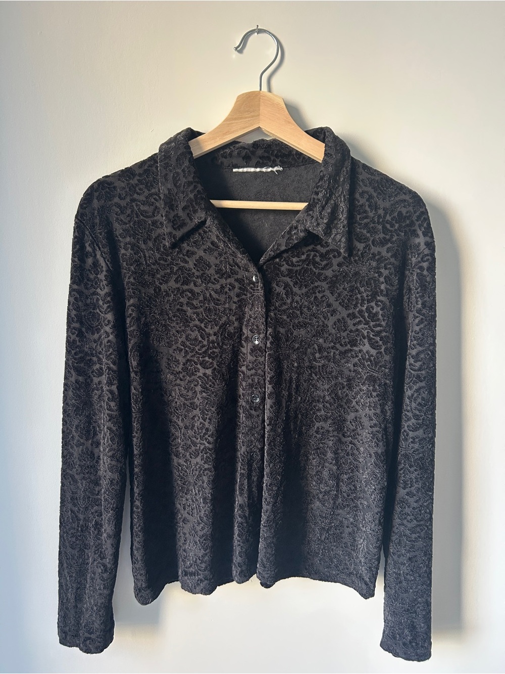 Vintage Black Textured Button-Front Blouse
